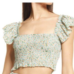 Lulu's Flourishing Dreams Mint Green Floral Print Smocked Crop Top NWT | XL
